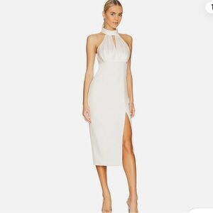 Cinq a Sept White Sheath Midi Dress with Halter Neckline; silky top, lined top